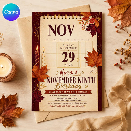 November 9th Birthday Invitation – Fall Calendar Birthday Party for Girl – Autumn Leaves