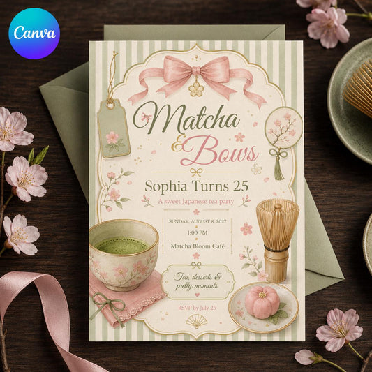 Matcha Birthday Invitation – Japanese Tea Party with Cherry Blossoms – Pink Green
