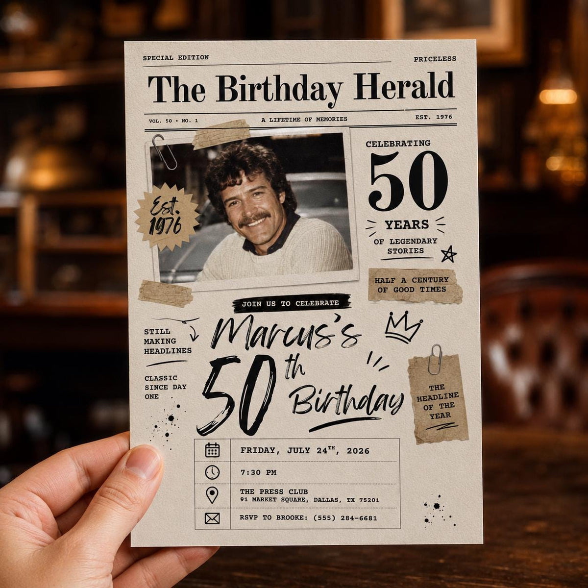 50th Birthday Newspaper Invitation, Vintage 1976 Photo Party Invite for Him, Retro Milestone Editable Canva Template