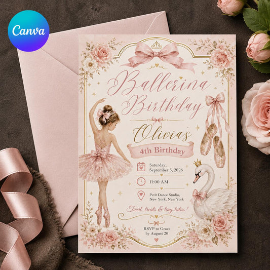 Ballerina Birthday Invitation – Pink Ballet Swan 4th Birthday Girl – Elegant Bow
