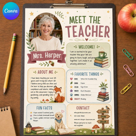 Woodland Meet the Teacher Photo Template with Teddy Bear — editable Canva template