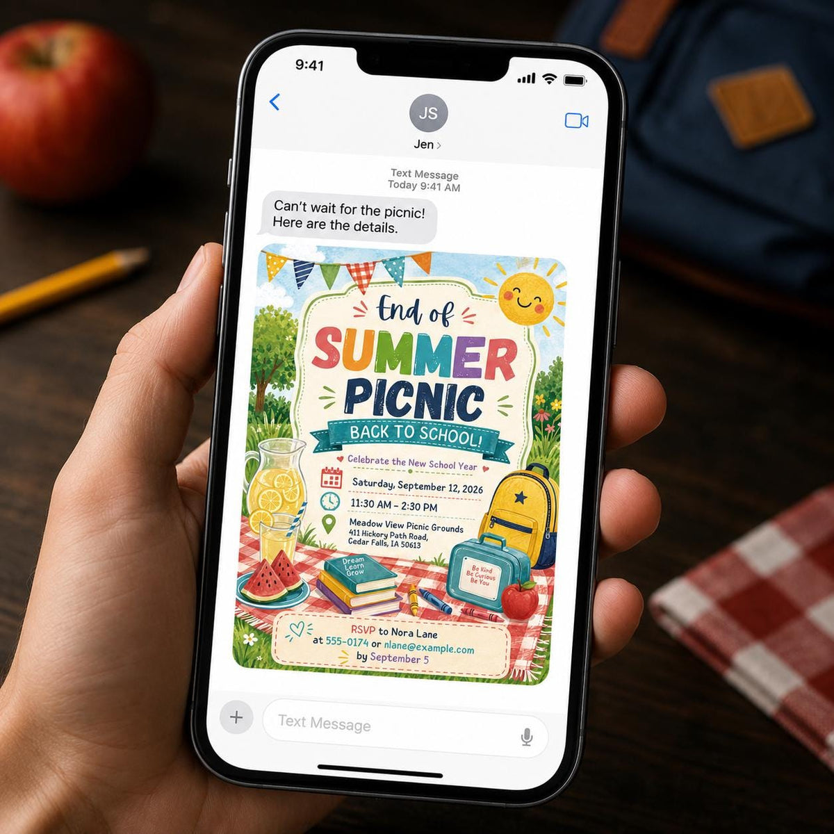 Back to School Picnic Invitation – End of Summer Outdoor Party – Watercolor School Year Celebration