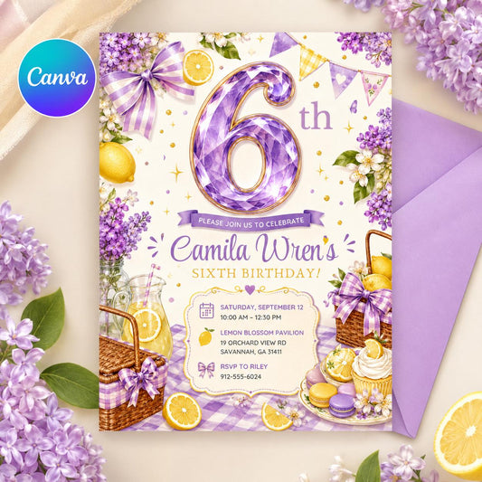 Lavender Lemon Birthday Invitation – Girl Picnic Party Invite