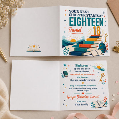18th Birthday Greeting Card for Teen, New Chapter Books and Key Printable Editable Folded Card Canva Template
