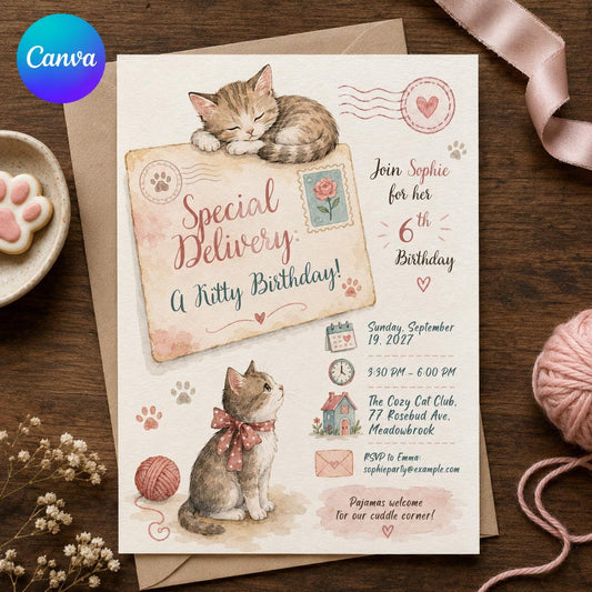 Cat Birthday Invitation – Special Delivery Kitty Party for Girls – Watercolor 6th Birthday