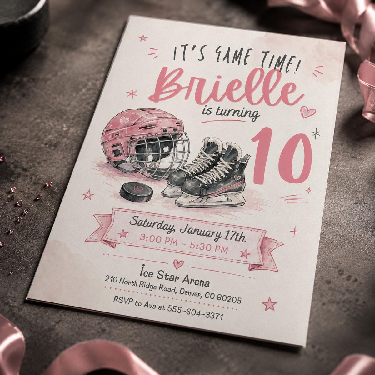 Girls Hockey Birthday Invitation – Pink Ice Hockey 10th Birthday Party Invite