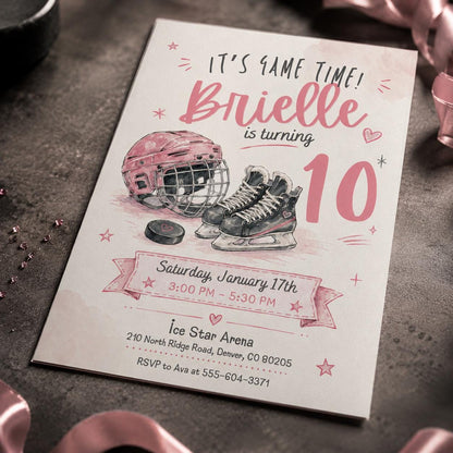 Girls Hockey Birthday Invitation – Pink Ice Hockey 10th Birthday Party Invite