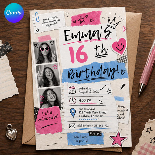 Sweet 16 Birthday Invitation – Teen Girl Photo Collage Scrapbook Party Invite – Pink Y2K