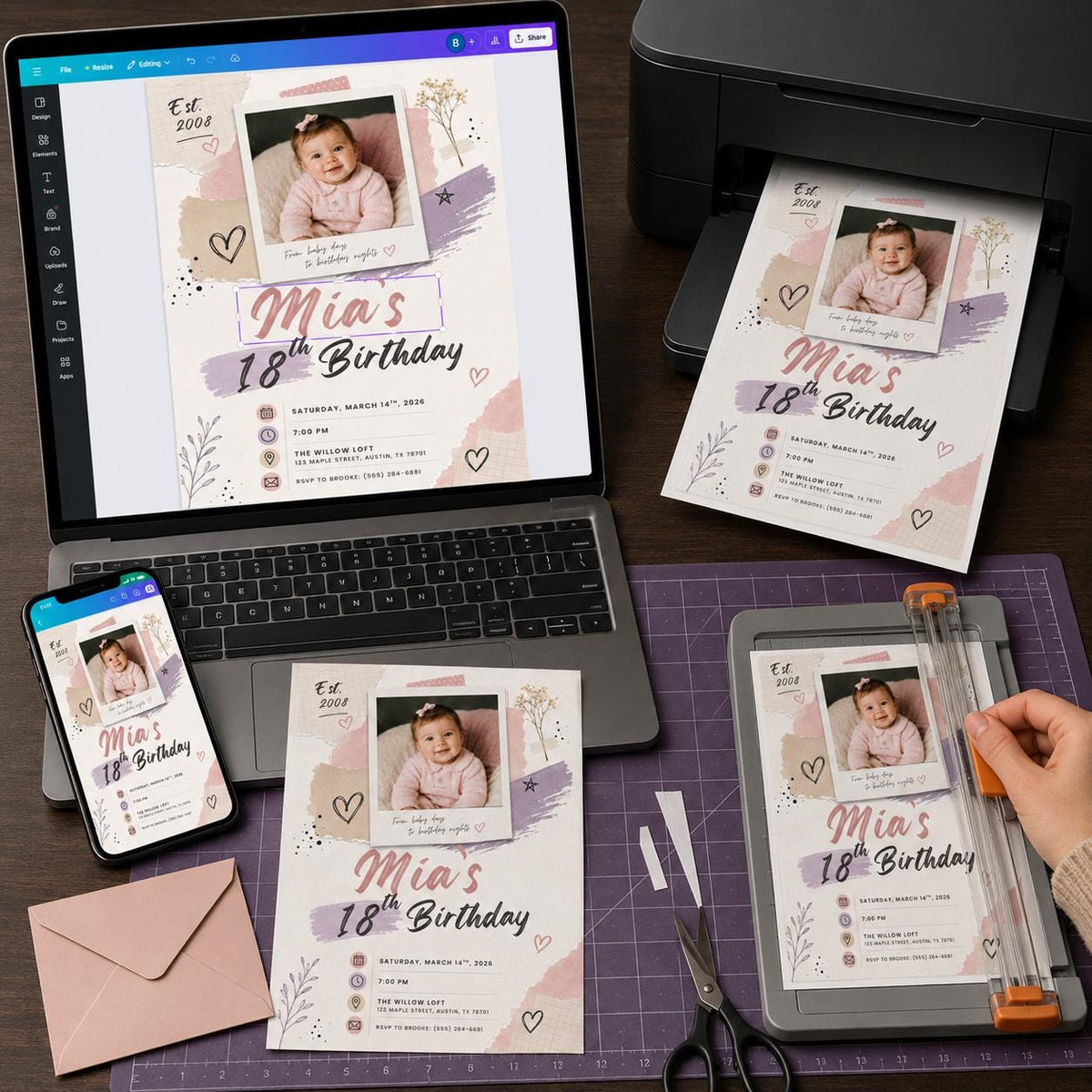 18th Birthday Photo Invitation, Pink Scrapbook Party Invite, Retro Polaroid Girl Birthday Editable Canva Template