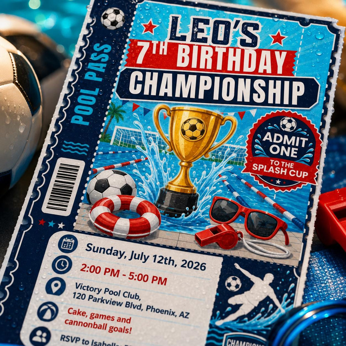 Pool Pass Birthday Invitation, Editable Splash Cup Soccer Party Invite, Boy 7th Birthday Championship Ticket Template, Printable Digital