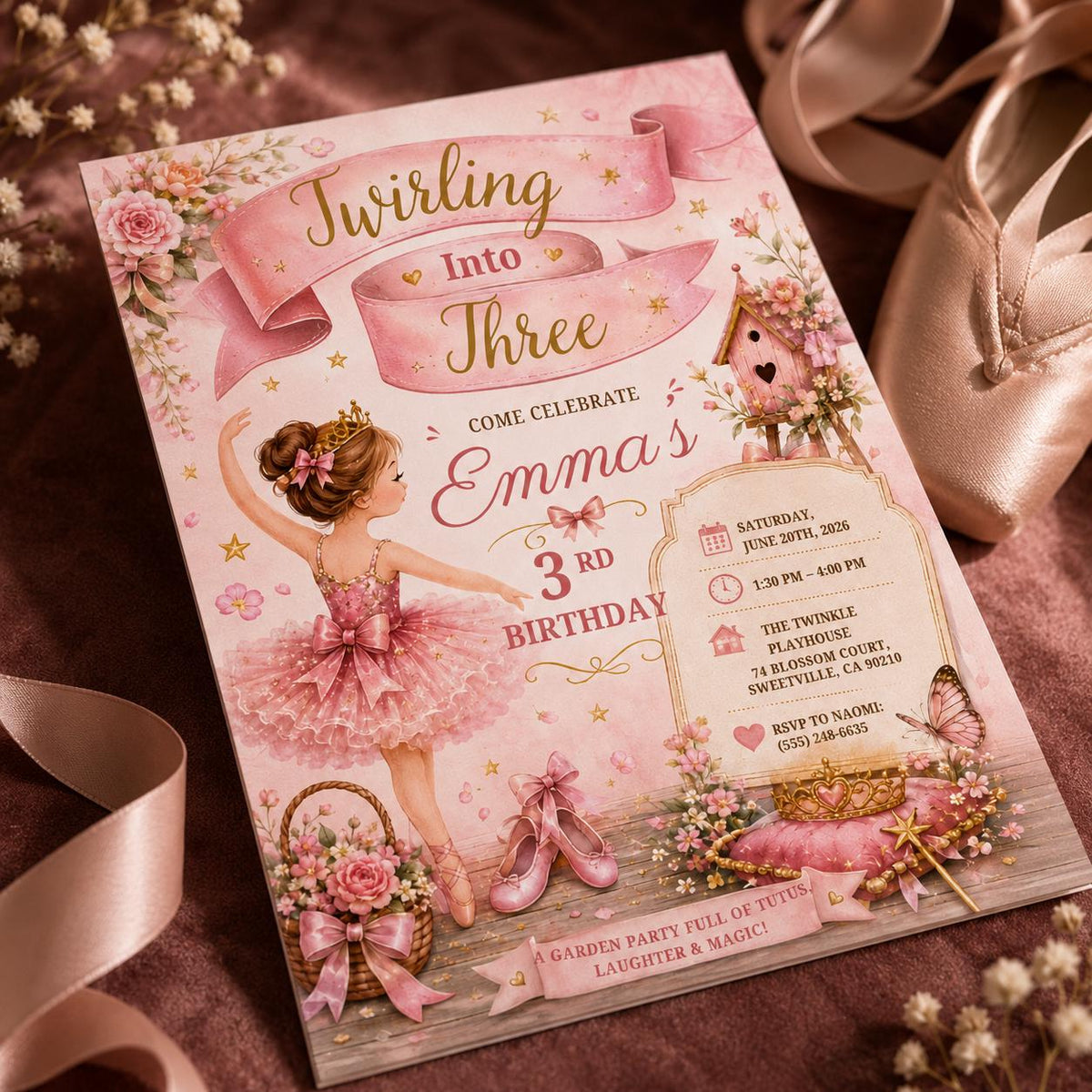 Ballerina 3rd Birthday Invitation, Twirling Into Three Pink Ballet Party Invite for Girls, Editable Printable Canva Template
