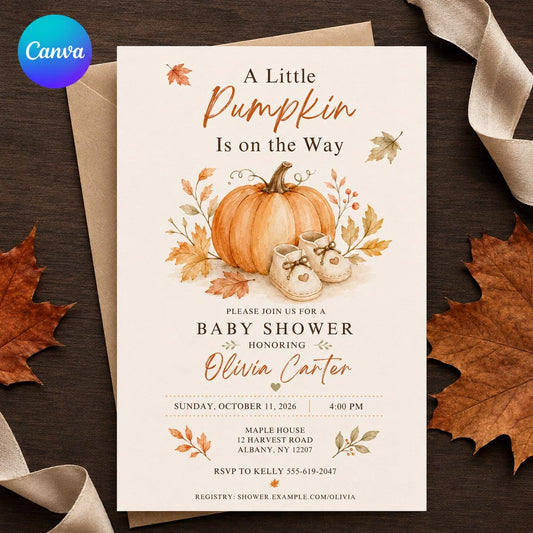 Little Pumpkin Baby Shower Invitation with Baby Booties — editable Canva template