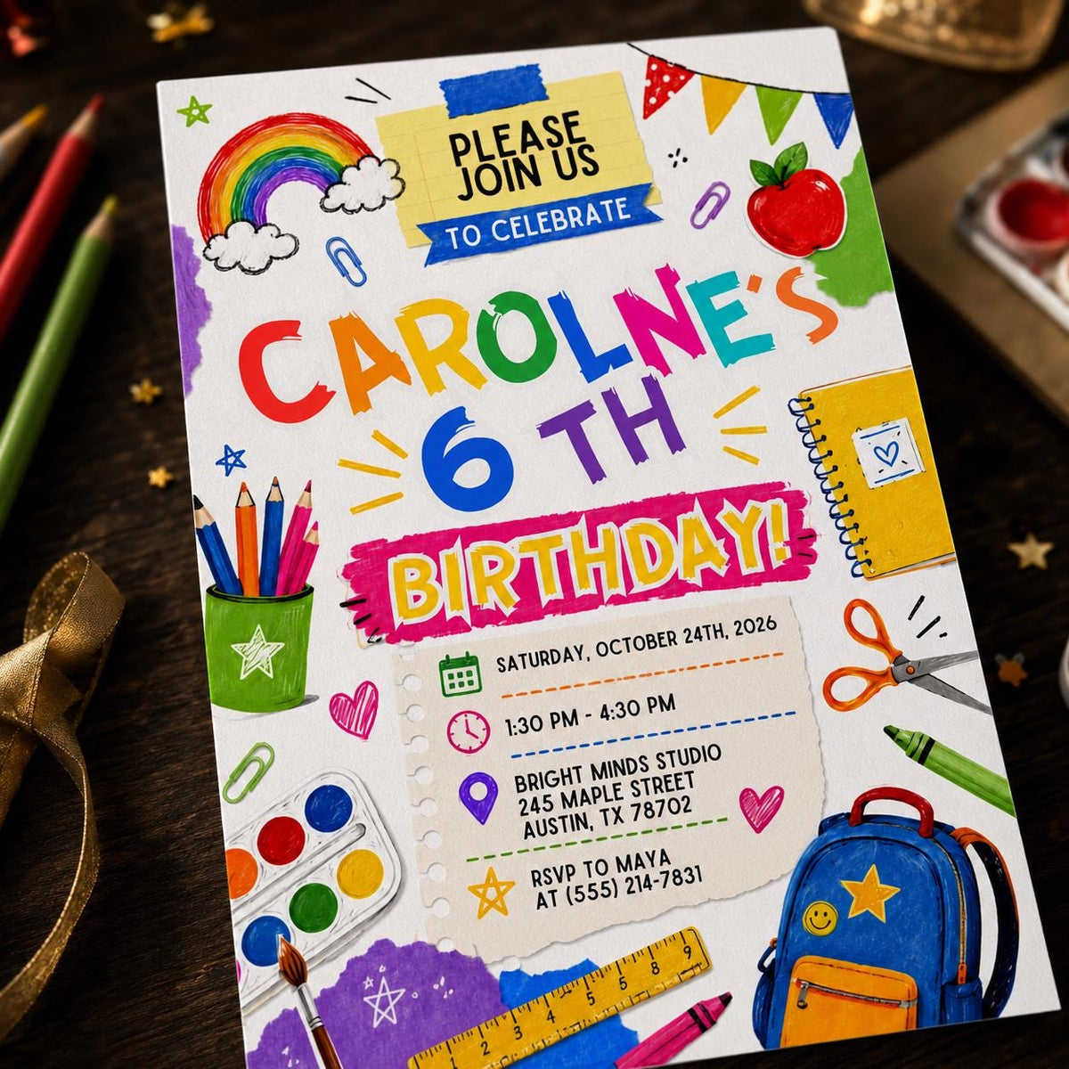6th Birthday Invitation – Colorful School Doodle Art Party Invite for Kids
