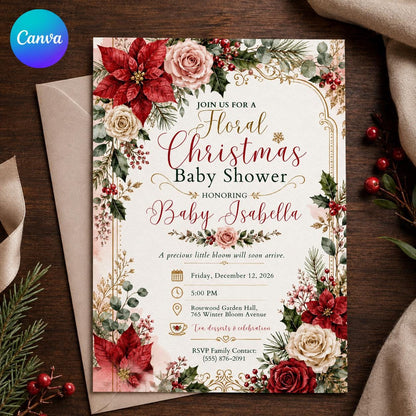 Floral Christmas Baby Shower Invitation – Winter Holiday Girl Baby Sprinkle