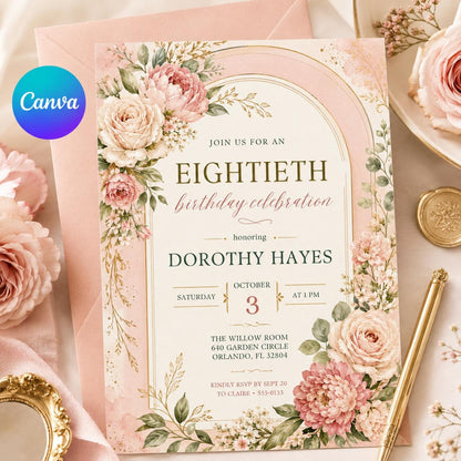 Floral Eightieth Birthday Invitation, 80th Birthday Invitation, Editable Elegant Floral Eighty Year Old, Canva Template
