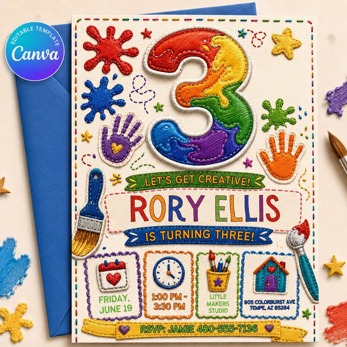 Art Party Birthday Invitation – Paint Party Invite – Kids Craft 3rd Birthday Printable