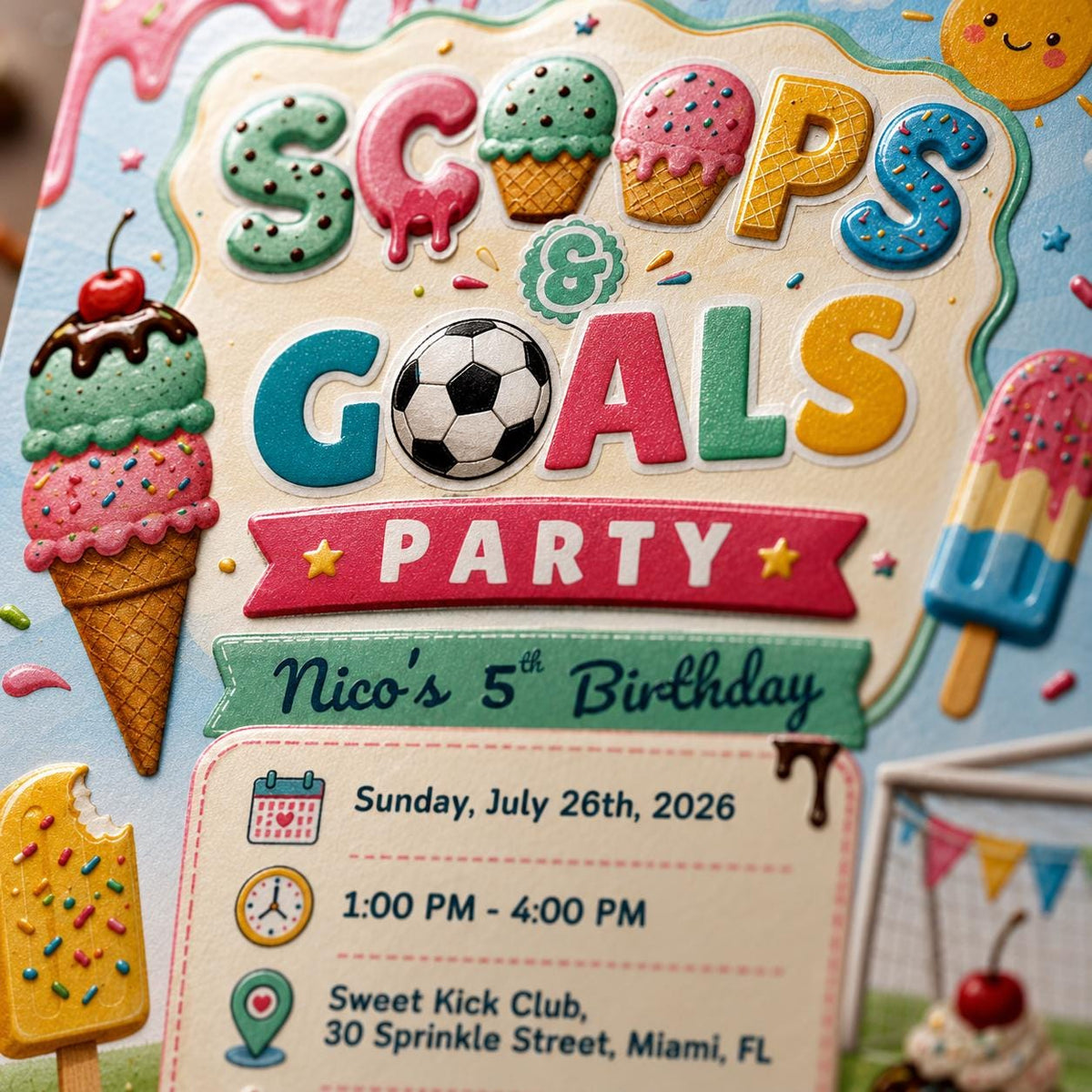 Ice Cream Soccer Birthday Invitation – Scoops and Goals Party Invite