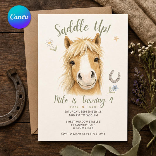 Horse 4th Birthday Invitation – Saddle Up Watercolor Pony Party for Boy or Girl