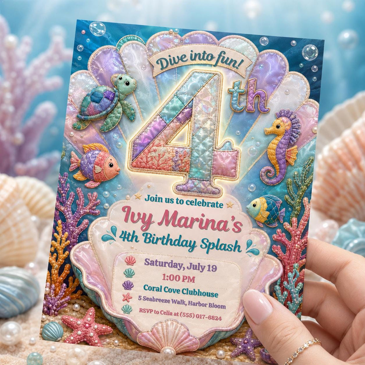 Under the Sea Birthday Invitation, 4th Girl Ocean Party Invite, Mermaid Printable, Editable Canva Template