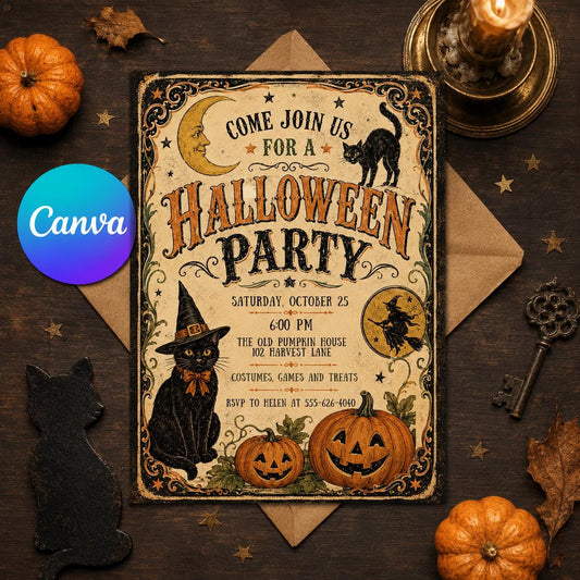 Black Vintage Halloween Party Invitation — editable Canva template