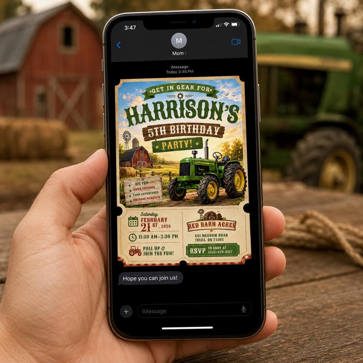 Tractor 5th Birthday Invitation – Rustic Farm and Barnyard Party Invite for Boys