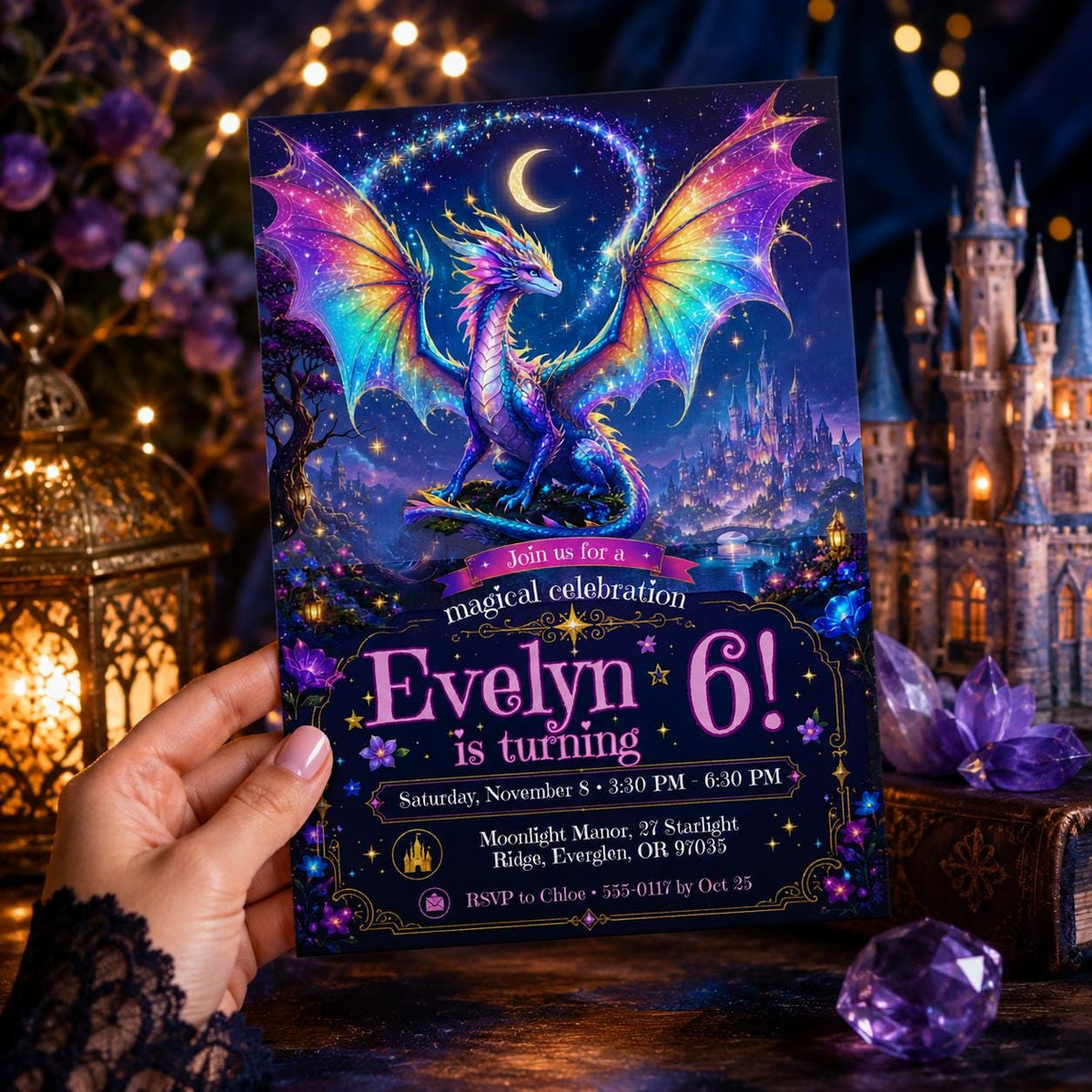 Magical Dragon Birthday Invitation, Rainbow Fantasy Canva Template, Editable Girls 6th Birthday Party Invite