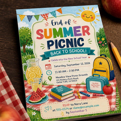 Back to School Picnic Invitation – End of Summer Outdoor Party – Watercolor School Year Celebration