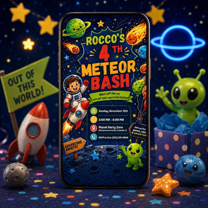 Outer Space Birthday Invitation Editable Canva Template, Meteor Bash Astronaut Rocket Kids Party Printable Boy 4th Space Meteor Birthday