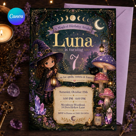 Magical Witch Birthday Invitation – Enchanted Forest Party Invite – Luna Witchy