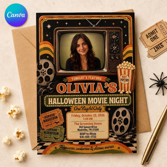 Vintage Halloween Movie Night Invitation — editable Canva template