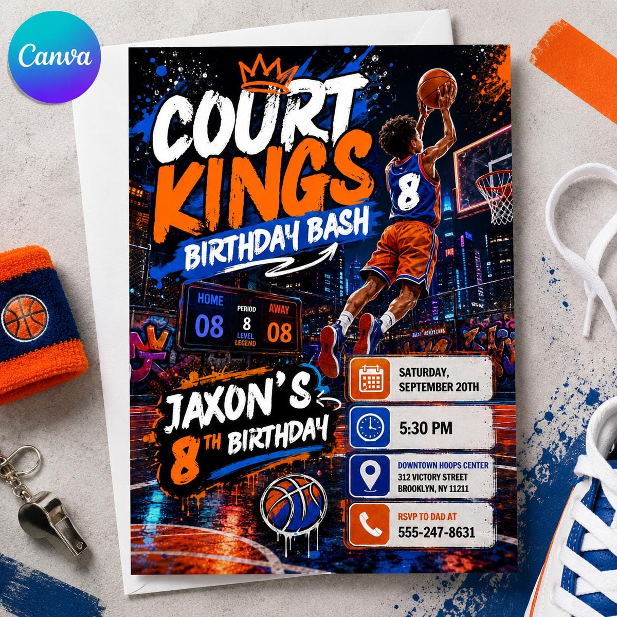 Basketball 8th Birthday Invitation – Court Kings Sports Party Invite (Digital invite)