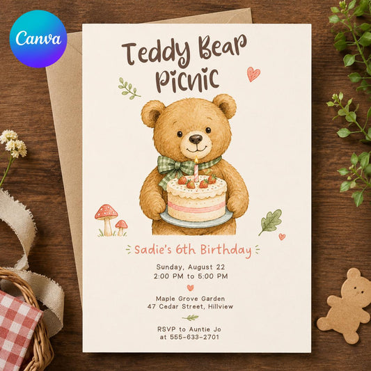 Teddy Bear Picnic Invitation – Girl 6th Birthday Party Invite – Woodland Strawberry Bear