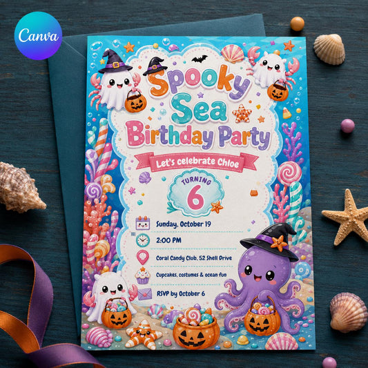 Spooky Sea Birthday Invitation – Cute Halloween Ocean 6th Party