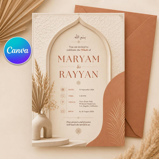 Terracotta Modern Boho Nikah Invitation — editable Canva template