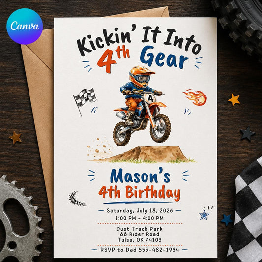 Dirt Bike 4th Birthday Invitation – Kickin It Into Gear Motocross Boy Party Invite