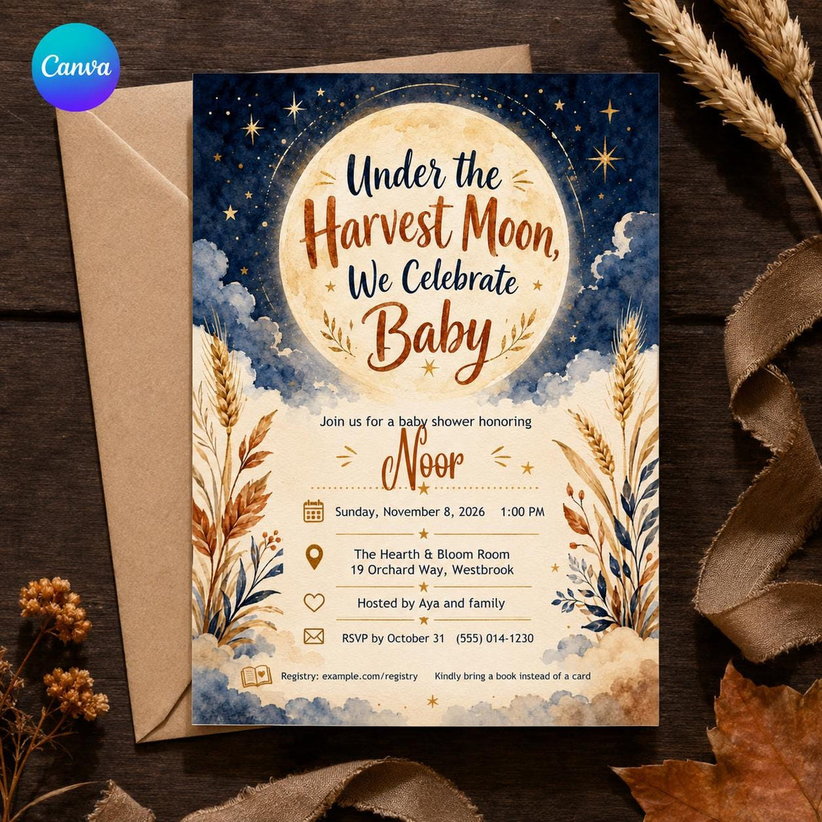 Harvest Moon Baby Shower Invitation – Celestial Fall Moon and Stars Gender Neutral