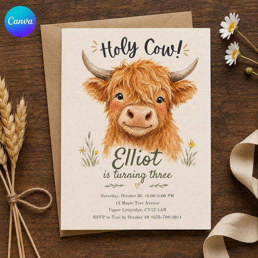 Highland Cow 3rd Birthday Invitation – Holy Cow Farm Party
