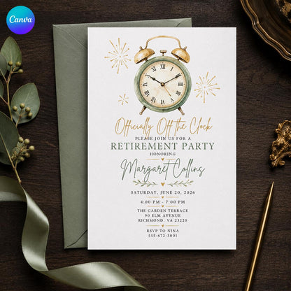 Retirement Party Invitation – Officially Off the Clock – Elegant Vintage Clock