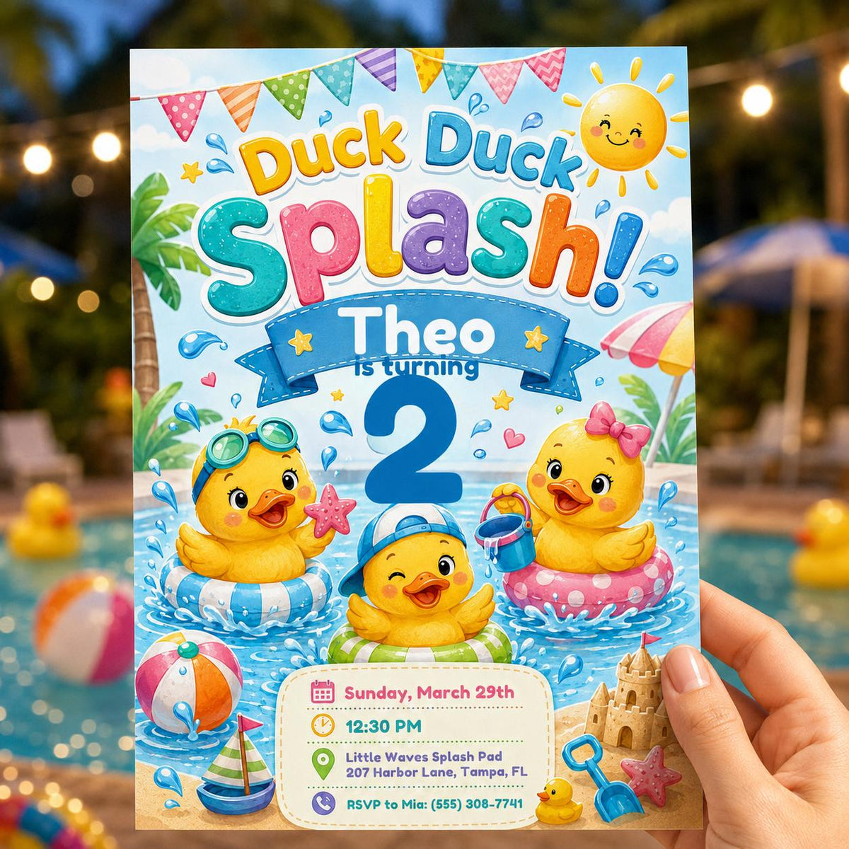 Duck 2nd Birthday Invitation – Ducky Splash Pool Party Invite for Boy or Girl