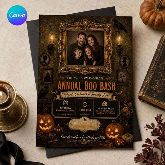 Vintage Gothic Halloween Party Invitation: Family Photo Boo Bash — editable Canva template