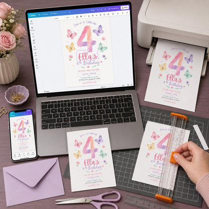 Butterfly 4th Birthday Invitation Girl, Pastel Watercolor Floral Party Invite, Editable Printable Canva Template