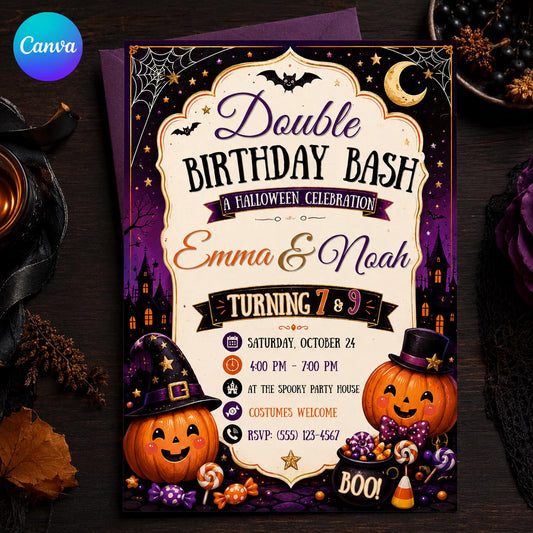 Pumpkin Double Halloween Birthday Invitation: Joint Sibling Costume Party — editable Canva template