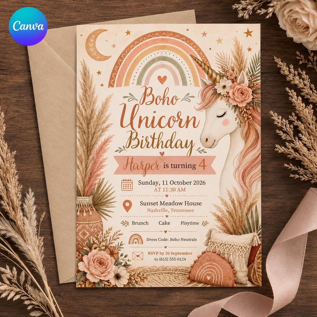 Boho Unicorn 4th Birthday Invitation, Neutral Rainbow Floral Party for Girls, Editable Printable Canva Template