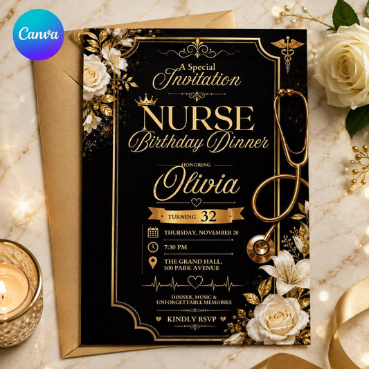 Nurse Birthday Dinner Invitation – Elegant Black Gold 32nd Medical Party