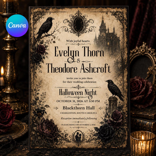 Black Vintage Halloween Wedding Invitation — editable Canva template
