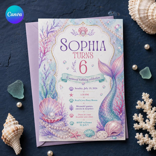 Mermaid 6th Birthday Invitation – Pastel Under the Sea Pearl Ocean Party for Girls
