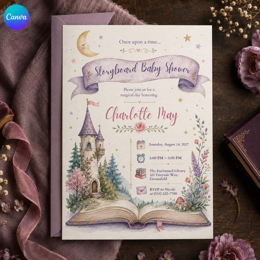 Storybook Baby Shower Invitation – Once Upon a Time Fairytale Castle – Enchanted Library