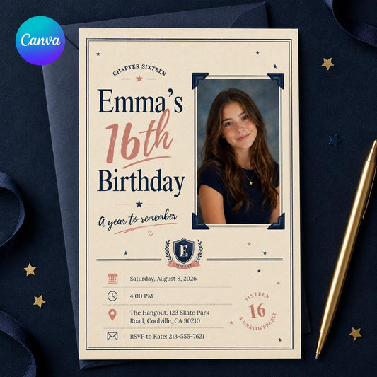Sweet 16 Photo Invitation – Vintage Yearbook 16th Birthday Party Invite for Girl