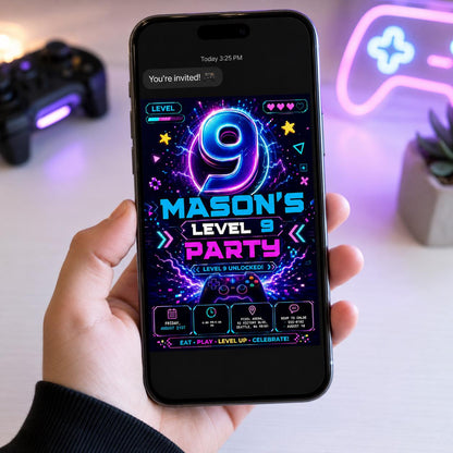 Video Game 9th Birthday Invitation – Level 9 Unlocked Neon Gamer Controller Party