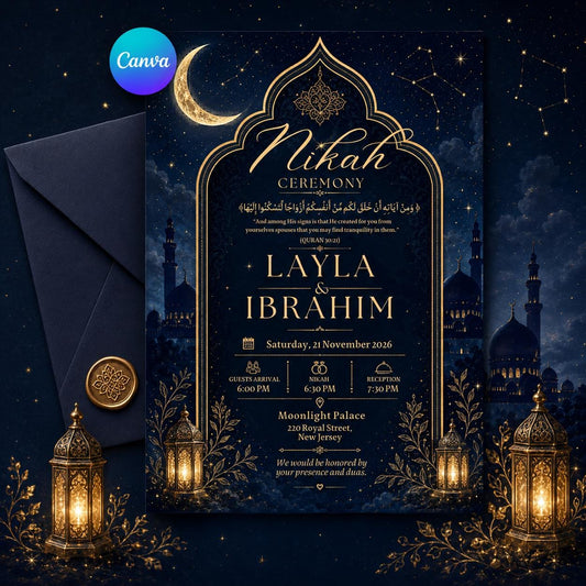 Midnight Blue Celestial Nikah Invitation — editable Canva template